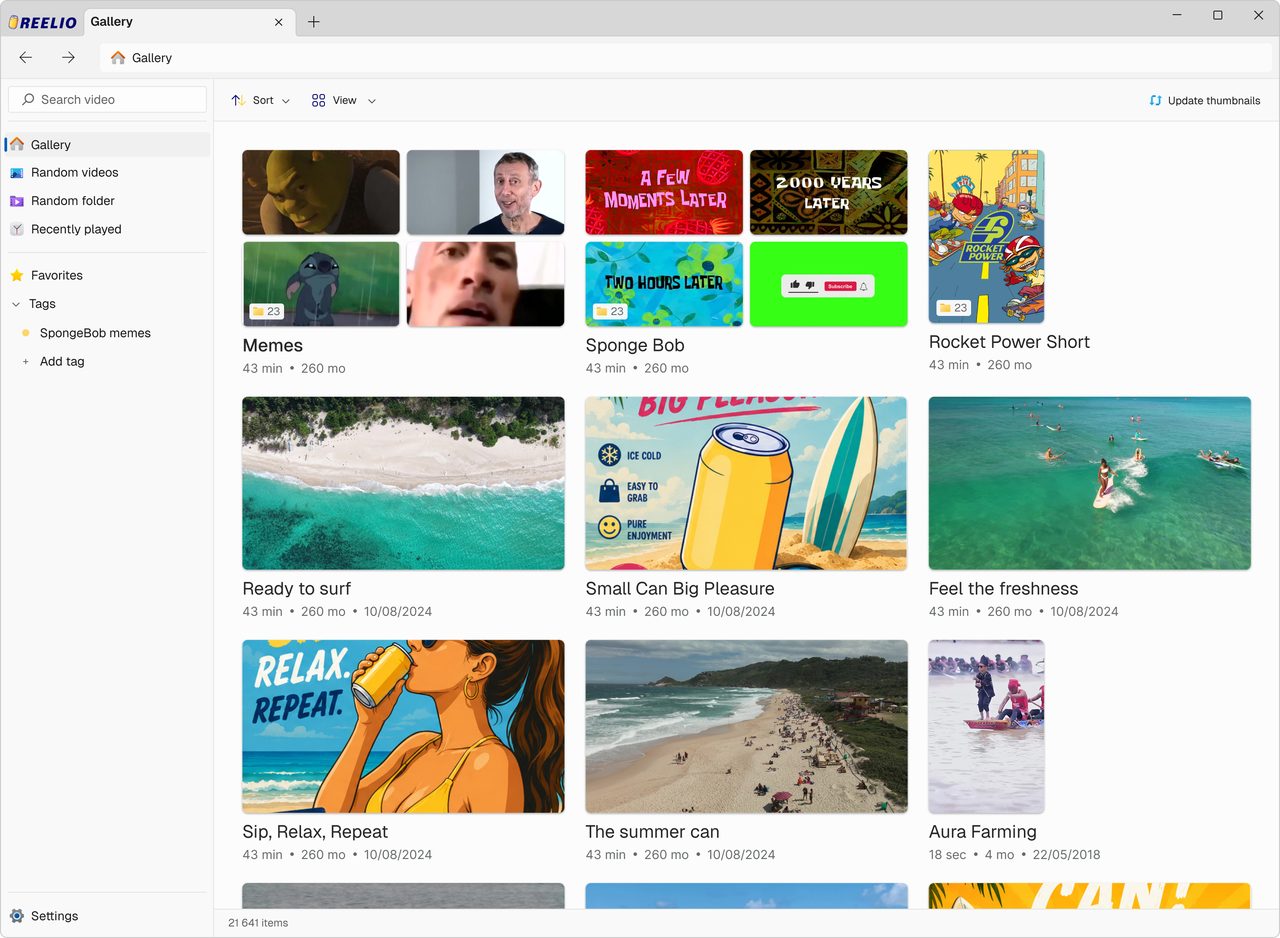 Reelio's gallery view on Windows: color-tag sidebar, browser-style tabs, folder clip counts and a grid of hover-scrub video thumbnails.