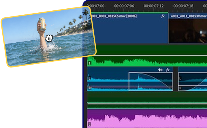 Dragging a Reelio clip into an Adobe Premiere Pro timeline with its name and metadata intact.